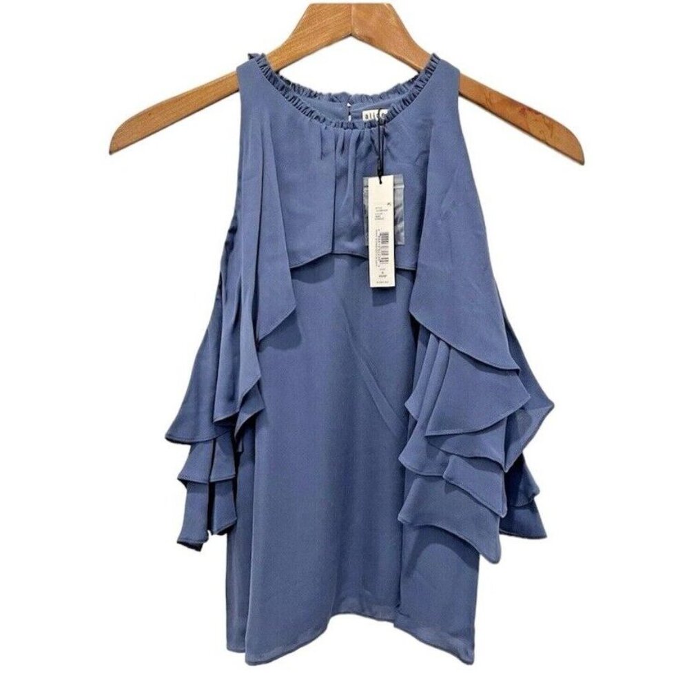 Alice + Olivia Idalla Blue Silk Top Blouse Cold Shoulder Ruffle L NWT $295